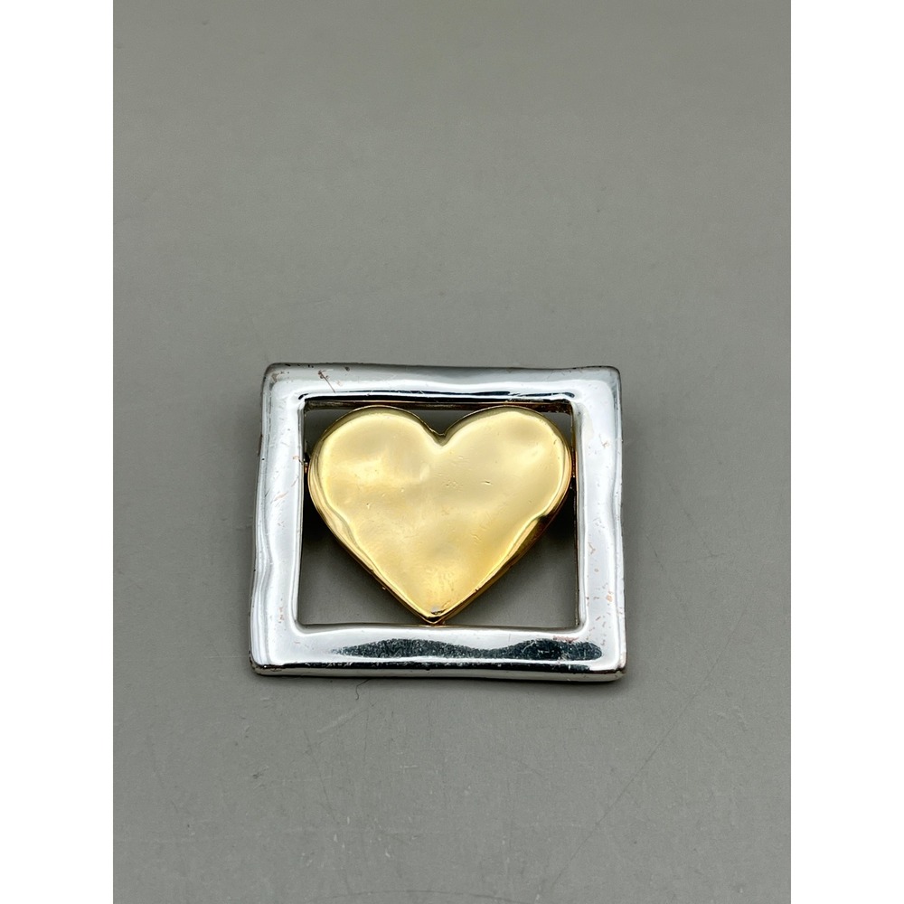 Vtg Two Tone‎ Heart Square Frame Brooch Gold Silver Mixed Metal Pin 1.5" Minimal